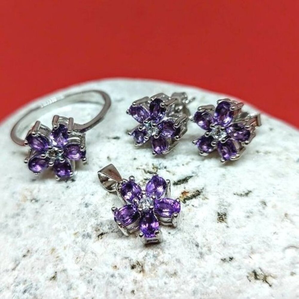 SALE! Natural Amethyst 925‎ Sterling Silver Earrings, Pendant, Ring 8.25 Set